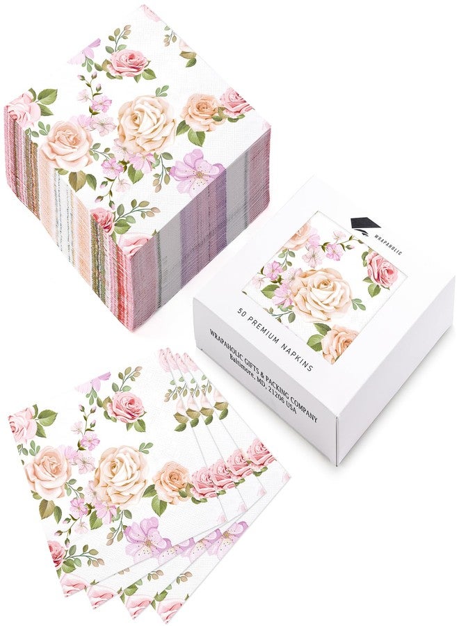 WRAPAHOLIC 50Pcs Pink Floral Cocktail Napkins - 3-Ply Pink Rose and Blossom Disposable Paper Napkins for Wedding Party Tableware Party Supplies - 5 x 5 In - Image 2